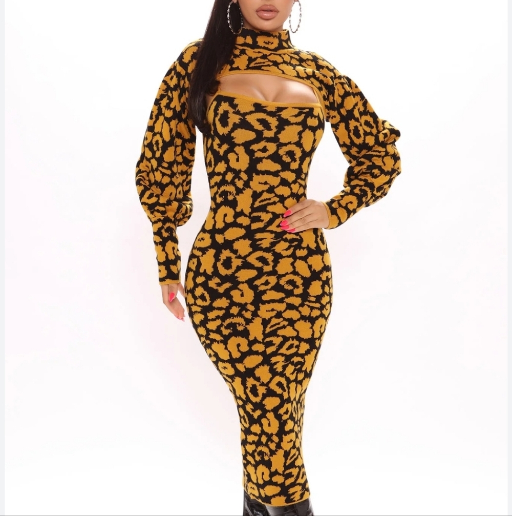 Worn Once For Photoshoot Leopard Print Long Sleeve Dress